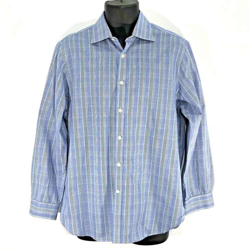Michael Kors Mens Size 16 Large Slim Fit Blue Dress Shirt Plaid 32/33 Sleeve - Picture 2 of 7